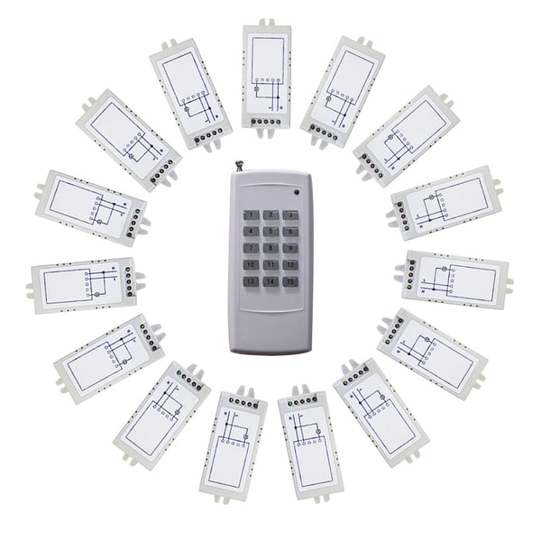 15 Channels AC 110V 220V RF Wireless Remote Kit 1 Remote Control and 15 Receivers (Model 0020626)