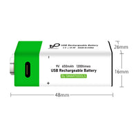 6F22 Type 9V 650mAh USB Rechargeable Lithium Battery (Model 0010201)